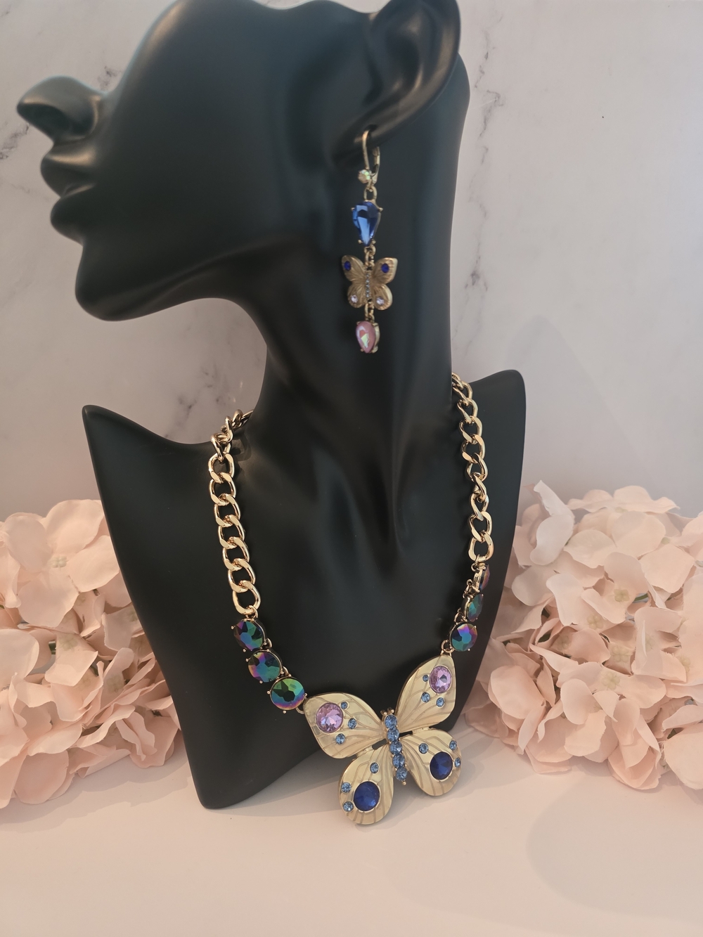 Betsey Johnson Gold-Tone Butterfly Necklace with Blue & Pink Accents